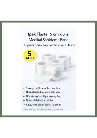 Bezos İpek Flaster 5 Cm X 5 M 5 Adet Medikal Sabitleme Bandı Hipoalerjenik Yapışkanlı Cerrahi Flaster Bezos1