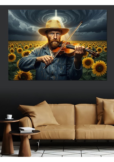 Çiçek Tarlasında Keman Çalan Van Gogh Dekoratif Kanvas - Mdf Ahşap Tablo