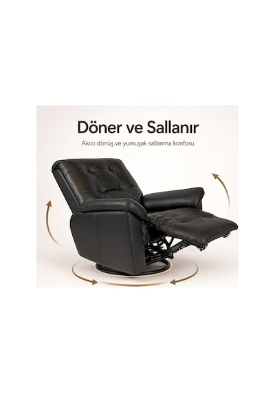 Smarto Relax Basel Elektrikli Masajlı Döner Sallanan Tv Koltuğu Kontrol Panelli Ergonomik Gerçek Deri Baba Koltuğu Siyah