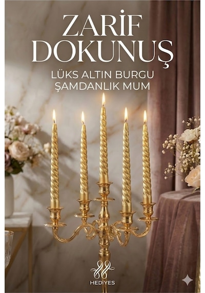 4'lü Lüks Burgu Şamdan Mumu 26 Cm - Damlatmaz Spiral Dekoratif Mum Seti Gold