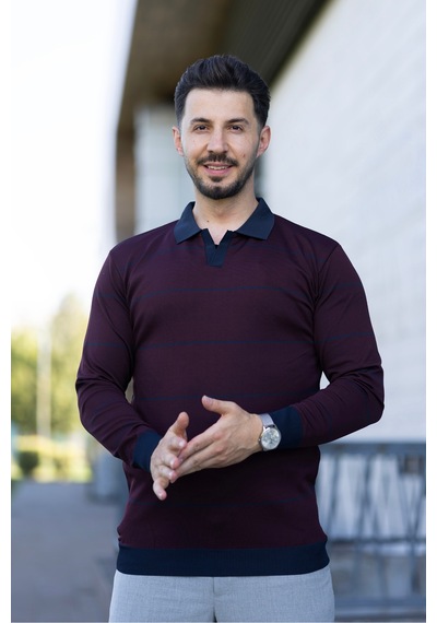 Hk Premium Çizgili Polo Yaka Slim Fit Triko Kazak Bordo