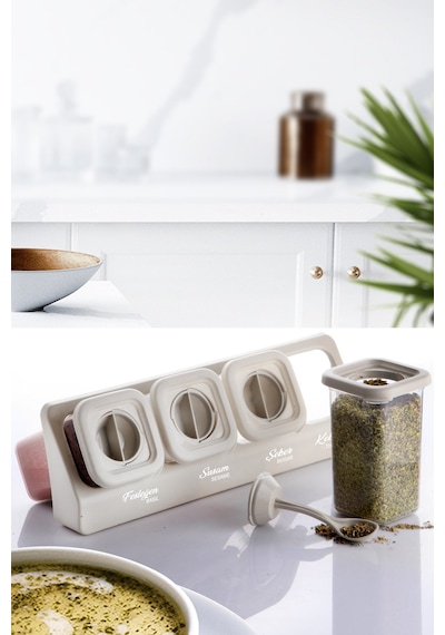Kitchen Life 12'li Etiketli Standlı Kilitli Kaşıklı Kendinden Yapışkanlı Kare Baharatlık Takımı - Erzak Kabı Seti Krem