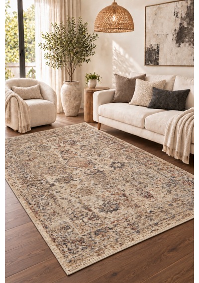 Vivanni Home Everlynn Polyester Vintage Halı Pamuk Atkı Tabanlı Modern Dokuma Ev Halısı Bej
