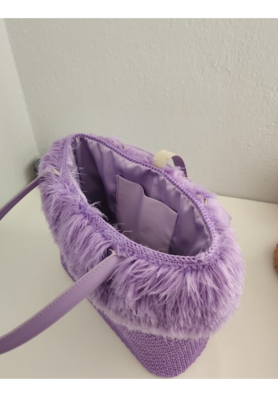 Fikriharika Design Lilac, Kürk Detaylı, Büyük Boy Kadın Omuz Çantası Leylak