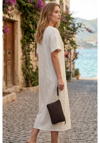 Vivazzaluxe Doğal Hasır Örme Orta Boy Kadın Yazlık Portföy Clutch Çanta Acı Kahverengi