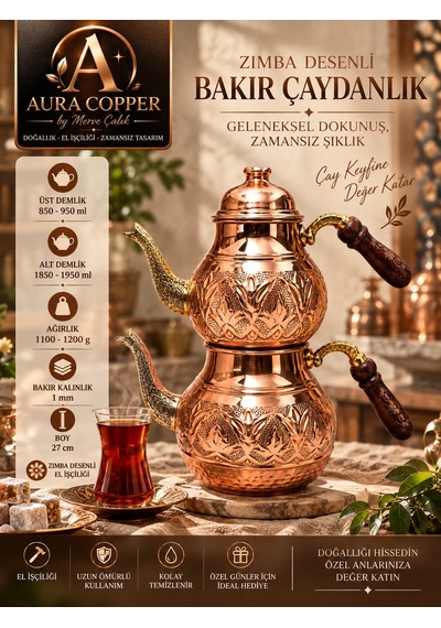 Aura Copper El İşlemeli Bakır Çaydanlık Seti 1 Mm Üst 850-950 Ml Alt 1850-1950 Ml 27 Cm