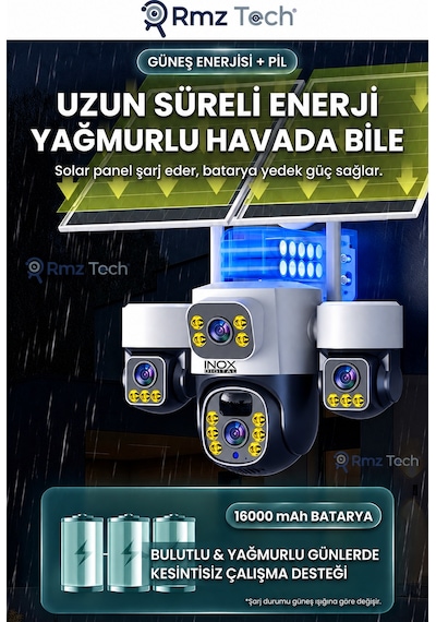 İnox X24 Sim Kartlı, 4 Kameralı , Güneş Enerjili, Solar Panelli Kamera, Aylık 8 Gb 1 Yıllık Sım Kart