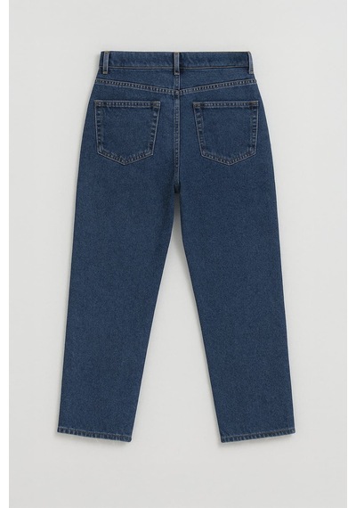 Kadın Yüksek Bel %100 Pamuk Mom Fit Jean Pantolon Mavi