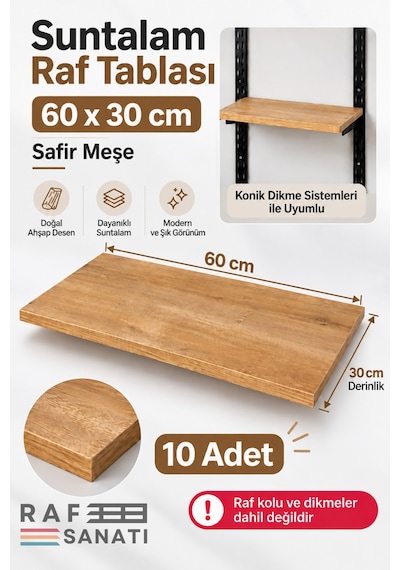 10 Adet - Suntalam Raf Tablası 60x30 Cm Safir Meşe Ahşap Raf Konik Dikme Sistemleri İle Uyumlu