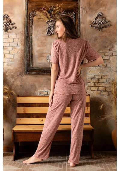 Lukitus Bambu Pamuk V Yaka Kısa Kol Kadın Pijama Takımı Pudra