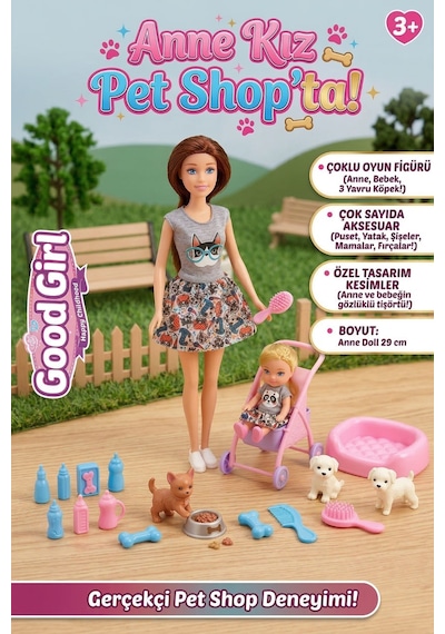 Good Girl Anne Kız Pet Shop Oyun Seti - 29 Cm Oyuncak Bebek, Yavru Köpekler Ve Pusetli Evcilik Seti Kahve