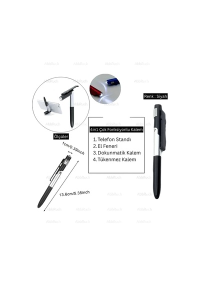 4in1 Dokunmatik Kalem Fenerli Telefon Standı Tükenmez Kalem Tablet Telefon Uyumlu Stylus Pen Çizim
