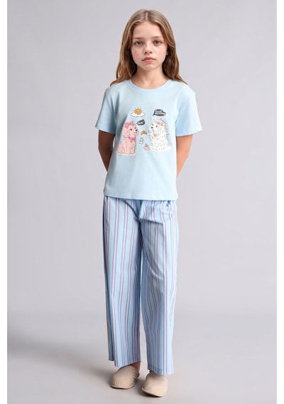 Defacto Baskılı Kısa Kollu Üst Çizgili Geniş Paça Alt Regular Fit 2li Pijama Takımı Kız Çocuk H5511a826wnbe415 Mavi-be415