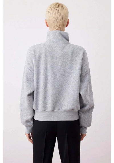 Benerly Kadın Dik Yaka Düşük Kol Fermuarlı Geniş Kalıp Sweatshirt Fonksiy Gri Melanj