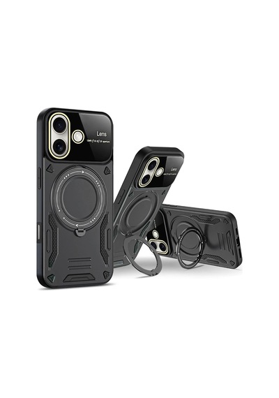 Mey İthalat Apple Uyumlu iPhone 16 Kılıf Joy Lens Standlı Kapak - Siyah