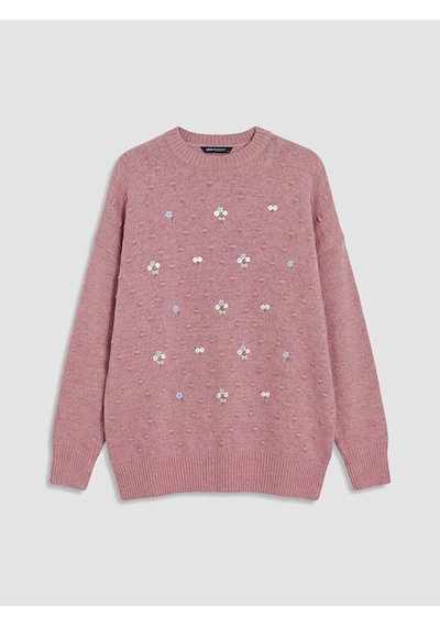 Lcw Modest Pembe Bisiklet Yaka Çiçek Nakışlı Kadın Triko Tunik