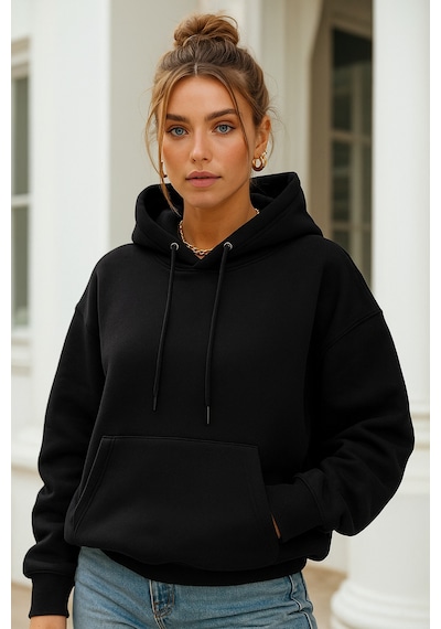 Kadın Siyah Kanguru Cepli Kapüşonlu Scuba Sweatshirt Siyah