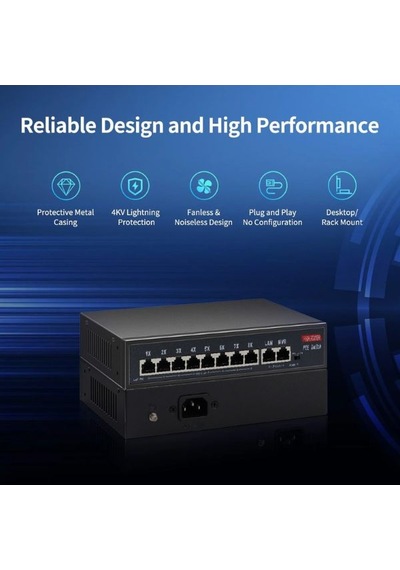 8 Port Poe Switch 120w Güç, Vlan & Qos Destekli, Ip Kamera Ve Ağ Cihazları İçin Ethernet Switch