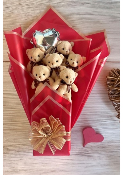 Premium 6 Li Bej Peluş Ayıcık Buketi Kalp Balonlu Arkadaşa, Eşe, Sevgiliye Hediye