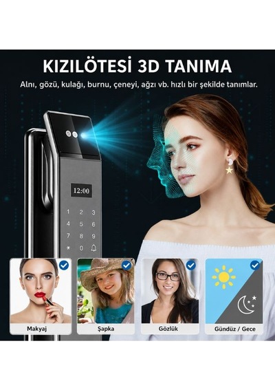 3d Yüz Tanıma Özellikli Akıllı Kapı Kilidi Tuya Wifi Uyumlu, Güvenlik Alarmı