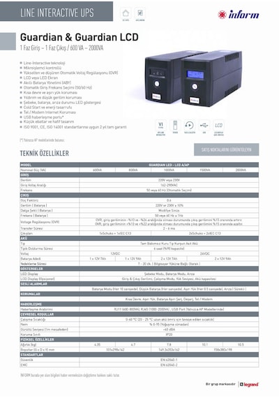 Inform Guardian 2000VA (2 kVA) Line Interactive UPS – 2x12V/9Ah Akülü Güç Kaynağı