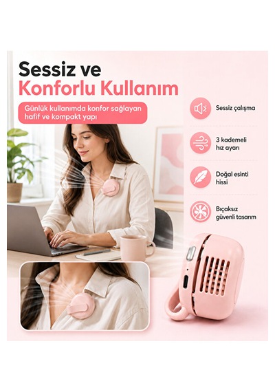 Şarjlı Klipsli Mini Fan Bıçaksız 3 Kademeli Type-c Taşınabilir Yaka Kemer Cep Ve Pembe