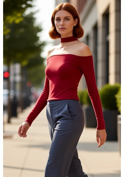 Ersefa Stil Kadın Carmen Yaka Choker Detaylı Fitted Vücuda Oturan Fitill bordo