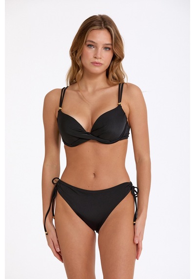 Argento Kadın Düz Siyah Full Push Up Dolgulu Bağlamalı Bikini Takımı Siyah