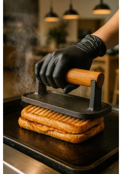 Oluk Desenli Döküm Demir Et Mühürleme & Burger Pres, Piknik Tost Uyumlu, Ahşap Sap - Model