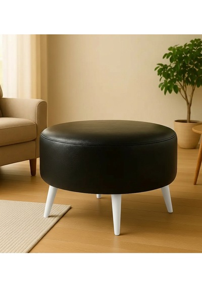 Waterybrook Suni Deri Puf Large - Beyaz Ahşap Ayaklı - Retro Modern Tasarım - Dekoratif Sehpa Siyah