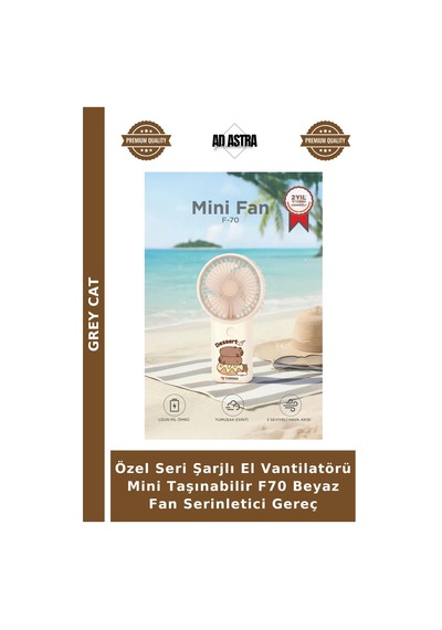Özel Seri Şarjlı El Vantilatörü Mini Taşınabilir F70 Beyaz Fan Serinletici Gereç