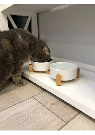 Kedi Mama Su Kabı Ahşap Standı Ve Seramik Kasesi Yavru Evcil Hayvan Minimalist Design Mürdüm, Çiftli
