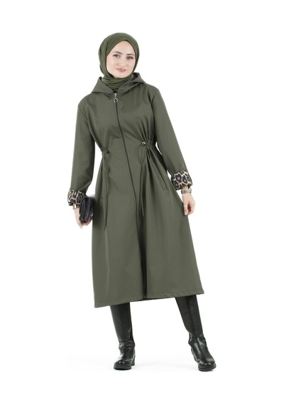 Sevitli Leopar Detaylı Trençkot-haki-2465-haki Haki