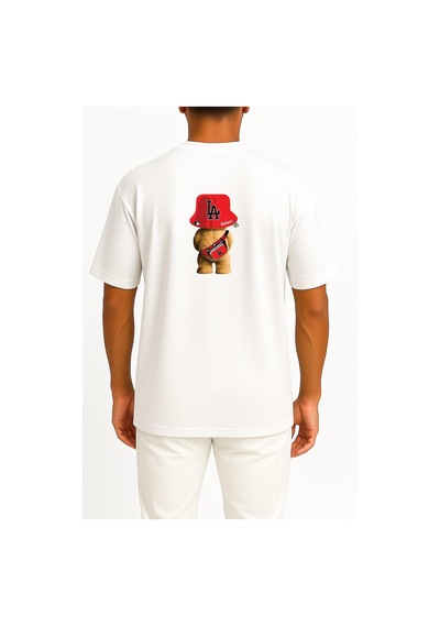 Bahriyeli Collection Oversize Oso Teddy Bear La Los Angeles Cep Ve Sırt Baskılı Unisex T-shirt Beyaz
