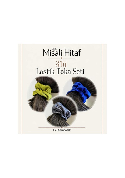 3'lü Lastik Toka Seti Kadın Saç Tokası Saç Lastiği Lacivert - Yeşil - Gri