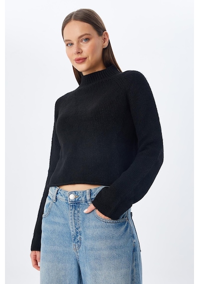 Mixray 6854 Kadın Dik Yaka Bütün Crop Triko Kazak Siyah Siyah
