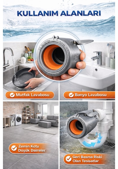 Lavabo Koku Giderici Çek Valfli Gider Adaptörü Ø50 Conta Evye Koku Ve Böcek Önleyici Sistem