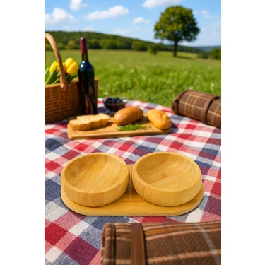 2'li Bambu Çerezlik Seti Doğal Bambu Modern Tasarım Yuvarlak Set Açık Kahverengi