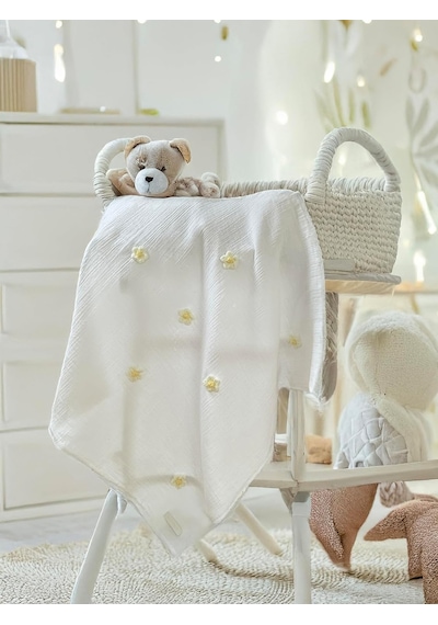 Papatya İşlemeli Doğal Dokusu Pamuk Müslin Bebek Battaniyesi 75x75 Cm Beyaz 36 Derece Üstü