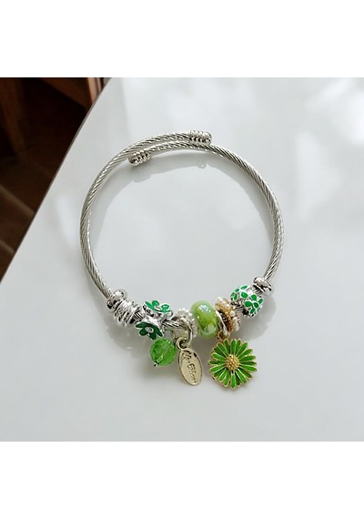 Kadın Çelik Charm Bileklik Bilezik Çiçek Figürlü Yeşil Çelik