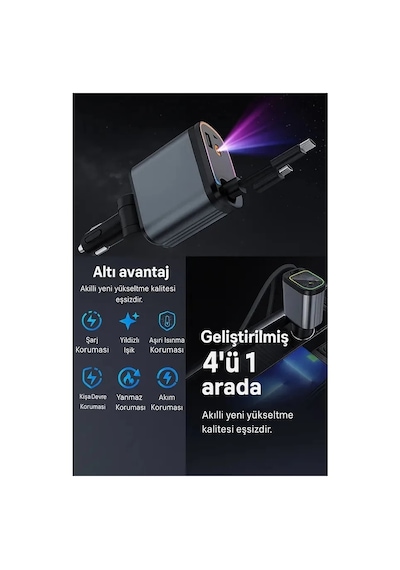 Nivego 66w Araç Çakmaklık Şarj Aleti Rgb Led Işıklı Tavan Aydınlatmalı 4 In1 Çift Kablolu Hızlı Şarj 3.4a