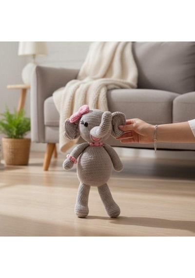 El Yapımı Amigurumi Oyuncak Fil 29 Cm Pelüş Açık Gri