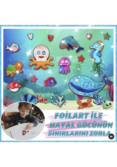 Foılart Peel & Press Yapışkanlı Renkli Basklı Folyo Sanatı-4 Lü Okyanus Uzay Safari Masal Temalı Set
