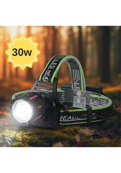 30w Ultra Güçlü Led Kafa Lambası 4 Adet Pilli - Yedek Bataryalı Set - 3000 Lümen 1000m Menzil Siyah