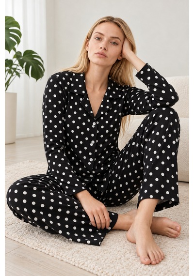 Kadın Gömlek Yaka Desenli Siyah Pijama Takımı 4812
