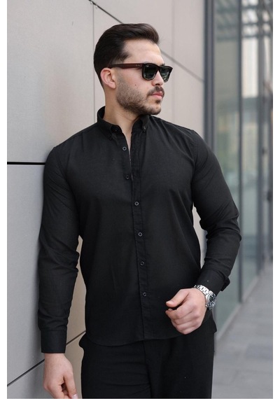 Baselco Premum Dik Yakalı Slim Fit Keten Görünümlü Gömlek Siyah