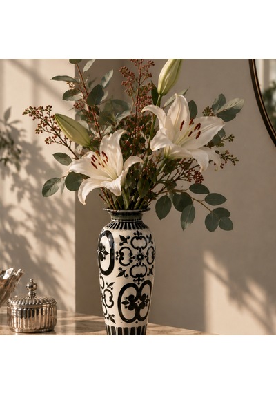 Atelier4you Noir Bloom El Boyaması Seramik Vazo Dekoratif Tasarım Vazo Beyaz - Siyah