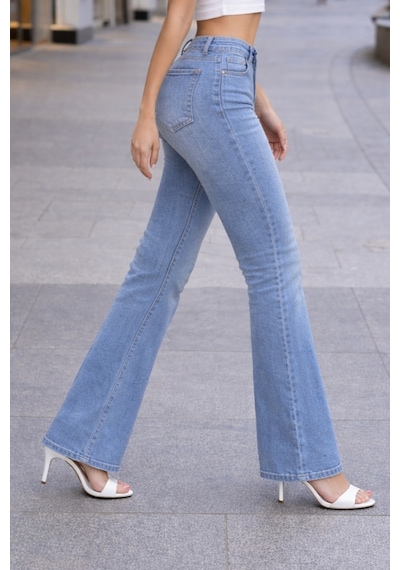 Cedy Denım Yüksek Kalite Kadın 5 Cep Düşük Bel İspanyol Paça Skinnyfit Esnek Jean Pantolon C619 Açık Mavi