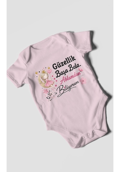 Morivokids Güzellik Başa Bela Ablamdan Biliyorum Kısa Kollu Bebek Body %100 Pamuk Bebe Pembe
