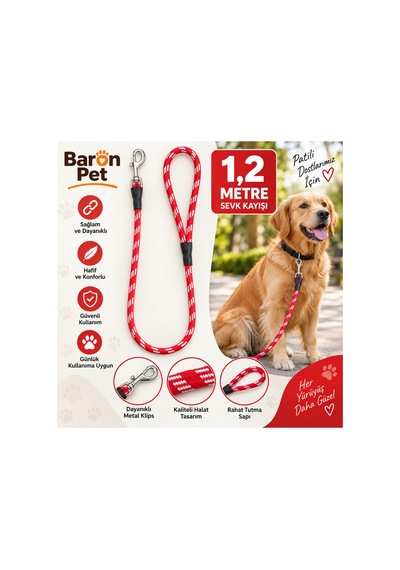 Baron Pet Köpek Sevk Kayışı 1,2 Metre Halat Örgü Metal Klipsli - Kırmızı